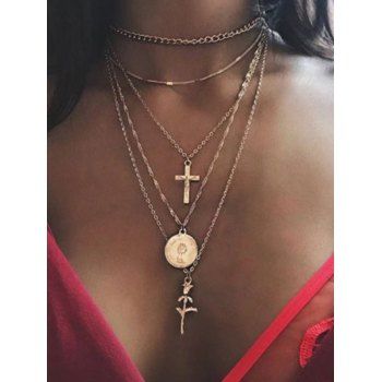 

Coin Crucifix Rose Multilayered Necklace, Golden