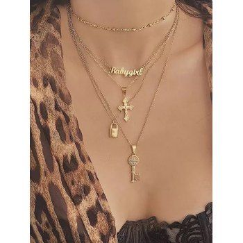 

Letter Key Lock Crucifix Multilayered Necklace, Golden