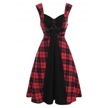 

Gothic Plaid O Ring Faux Leather Straps Dress, Red