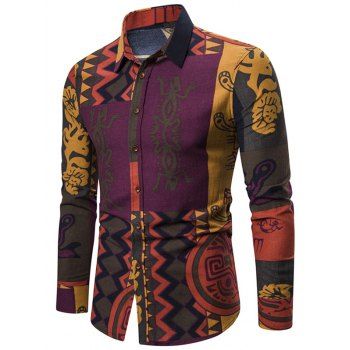 

Abstract Tribal Print Button Up Long Sleeve Shirt, Multicolor