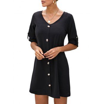 

Roll Tab Sleeve Mock Button Tunic Dress, Black