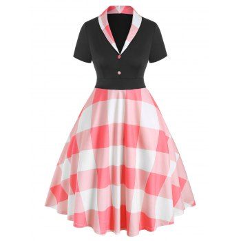 

Plaid Panel Half Buttoned Plus Size Vintage Dress, Light pink