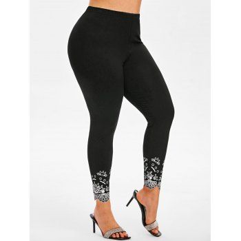 

Printed Panel Scalloped Trim High Waisted Plus Size Leggings, Black