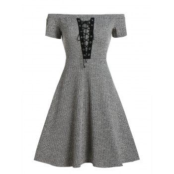 

Off Shoulder Lace Up Ribbed Mini Dress, Ash gray