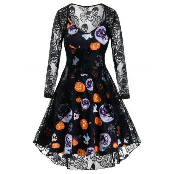 

Plus Size Halloween Pumpkin Cami Dress and Lace Cardigan Set, Black