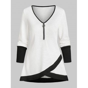 

Half Zip Contrast Overlap T-shirt, White