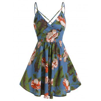 

Palm Floral Print Wrap Spaghetti Strap Dress, Blue
