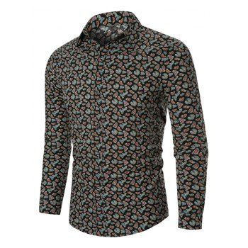 

Tiny Paisley Print Button Up Long Sleeve Shirt, Black