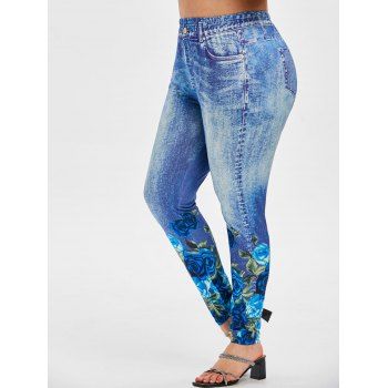 

Floral 3D Print High Waisted Plus Size Jeggings, Blue