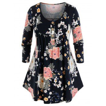 

Plus Size Flower Print Round Hem Long Sleeve Tee, Black