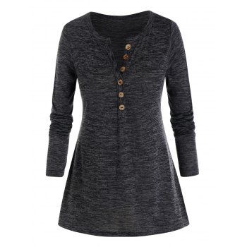 

Plus Size Marled Buttoned Long Sleeve V Notch Tee, Carbon gray