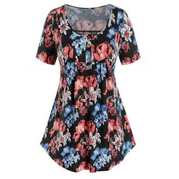 

Plus Size Floral Print Henley Short Sleeve T Shirt, Black