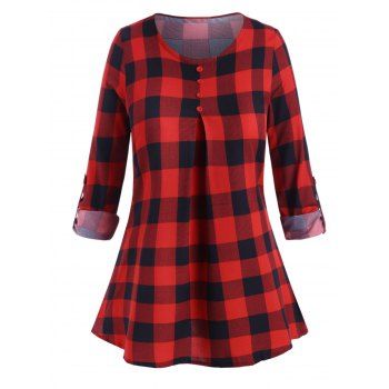 

Plus Size Plaid Print Mock Button Cuff Sleeve Blouse, Red