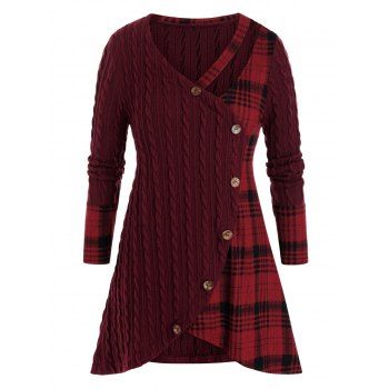 

Plus Size Plaid Cable Knit Cutout Tunic Sweater, Red wine