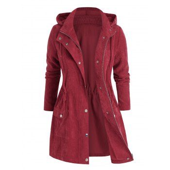 

Plus Size Hooded Corduroy Flap Pocket Drawstring Coat, Red wine