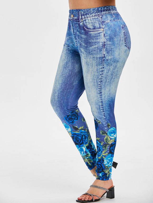 Legging à Imprimé 3D Rose à Taille Haute de Grande Taille - Bleu 5X