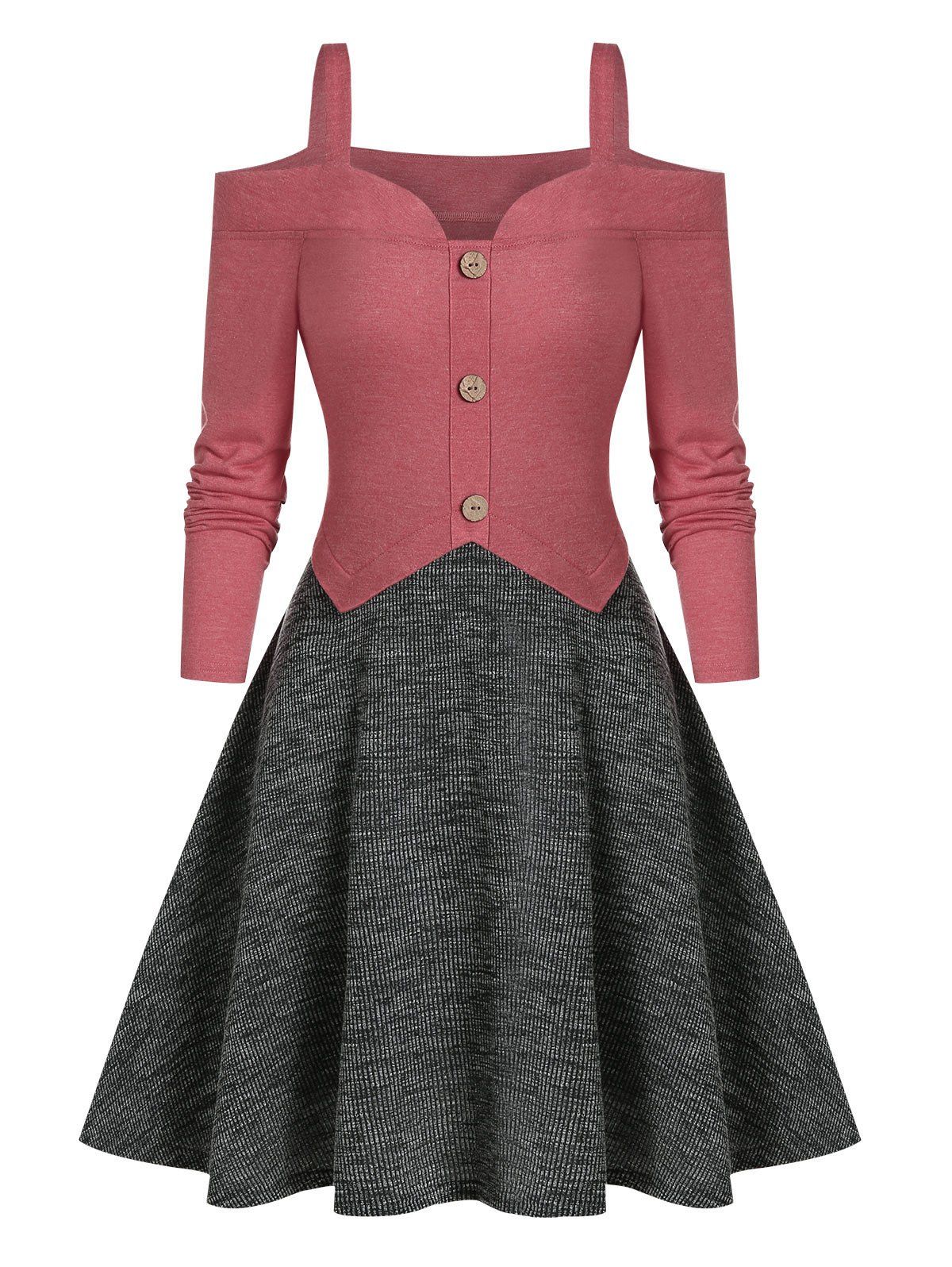 Cold Shoulder Button Faux Twinset Mini A Line Dress - CHERRY RED 2XL
