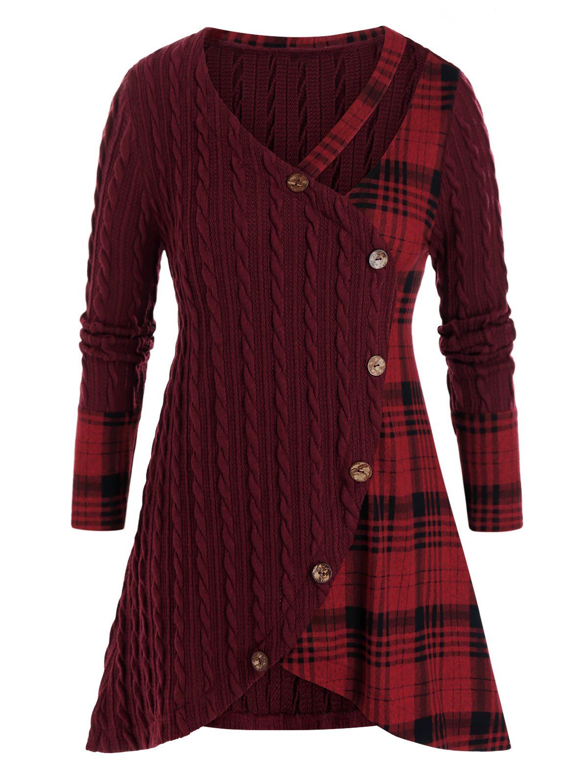 [33% OFF] 2021 Plus Size Plaid Cable Knit Cutout Tunic Sweater In RED ...
