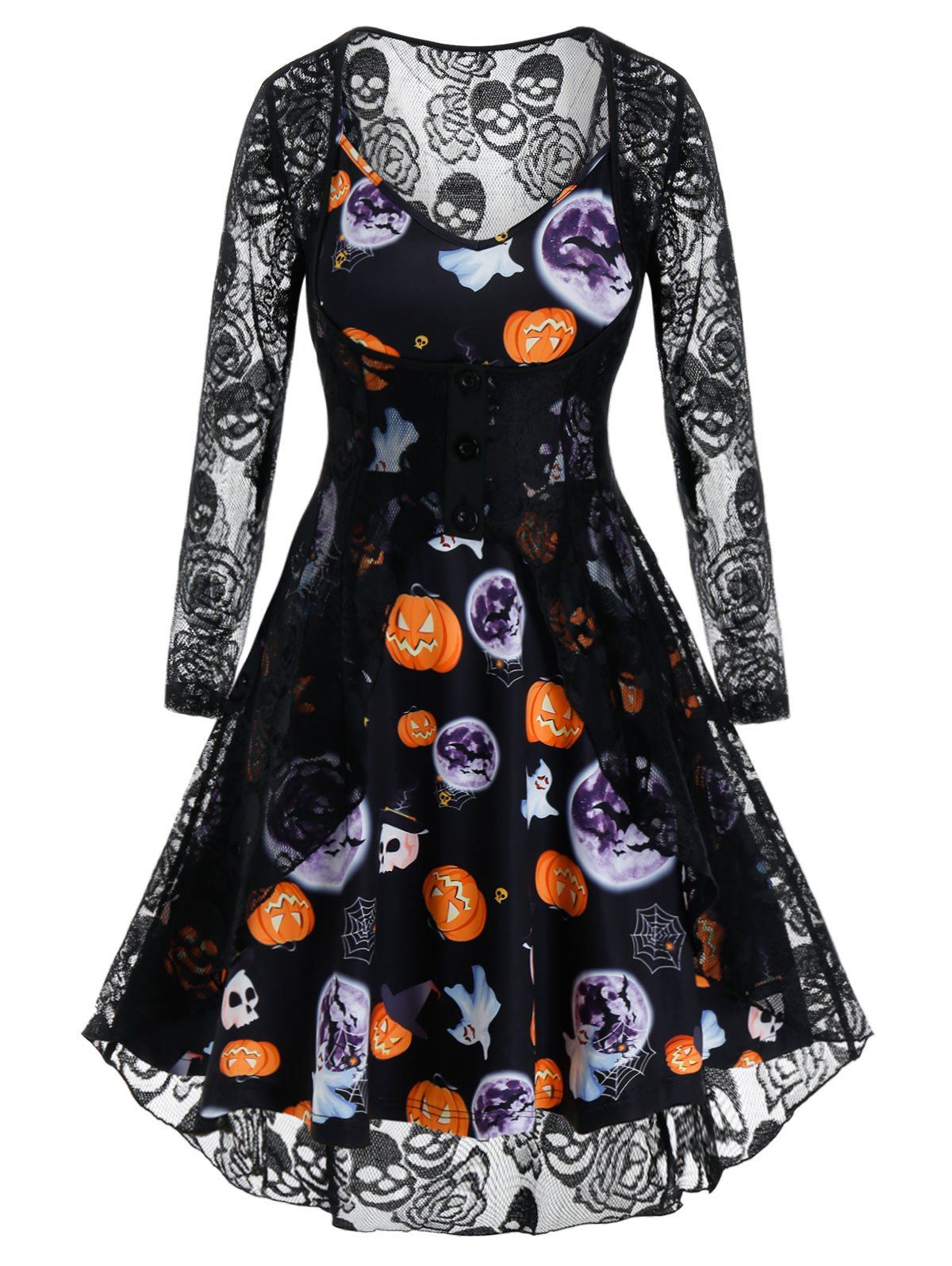 Plus Size Halloween Pumpkin Cami Dress and Lace Cardigan Set - BLACK L