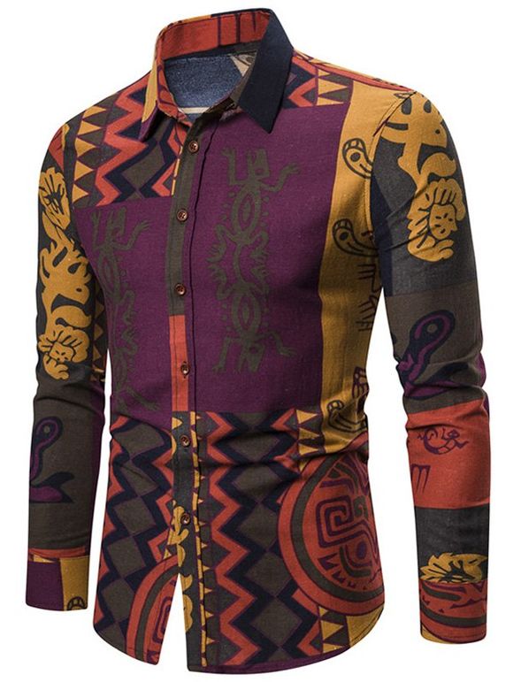 Chemise à Imprimé Tribale Abstrait Boutonnée à Manches Longues - multicolor XS