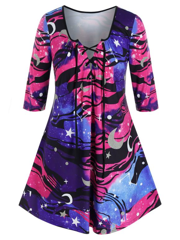 T-shirt Galaxie Etoile Lune de Grande Taille à Lacets - multicolor 4X