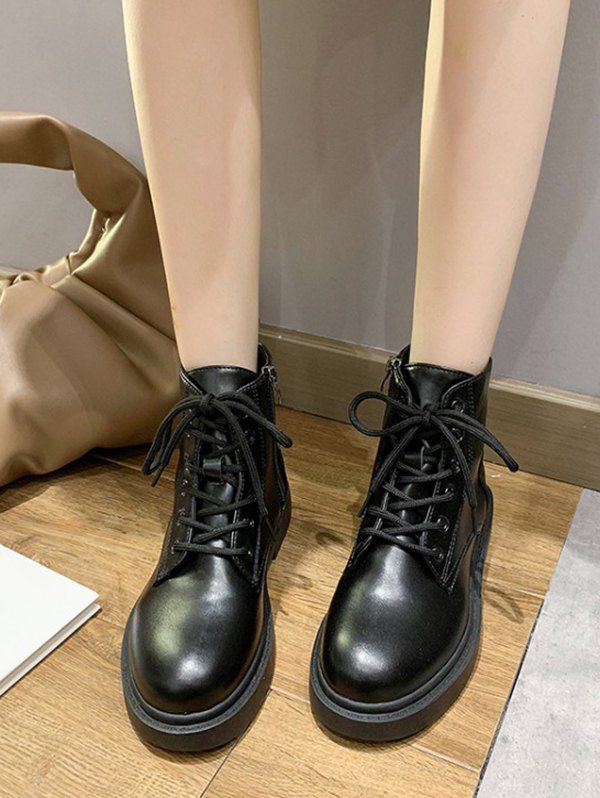 [30% OFF] 2020 Plain PU Leather Cargo Ankle Boots In BLACK | DressLily