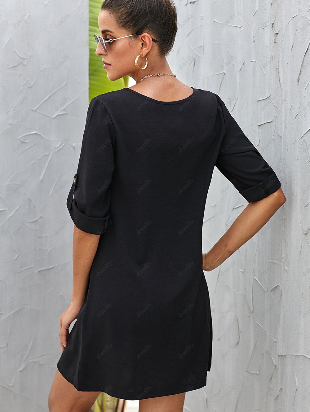 [51 OFF] 2020 Roll Tab Sleeve Mock Button Tunic Dress In BLACK DressLily