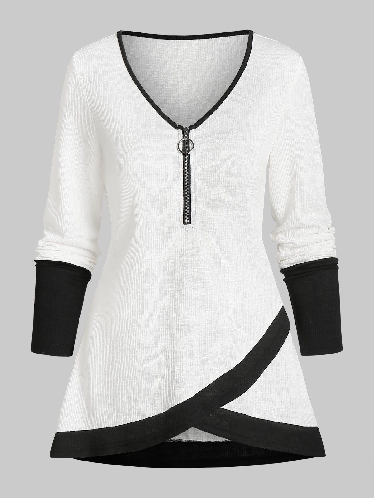 Half Zip Contrast Overlap T-shirt - WHITE XL