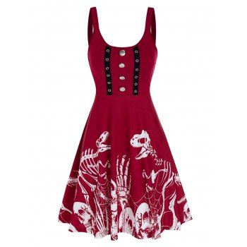 

Button Skeleton Print Fit And Flare Gothic Dress, Red wine