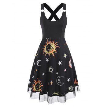 

Sun Moon Star Print Lace Insert Criss Cross Dress, Deep yellow