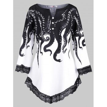 

Scalloped Lace Trim Octopus Print V-notched Plus Size Blouse, Black