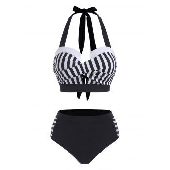 

Halter Striped Twist Push Up Bikini Swimwear, Black