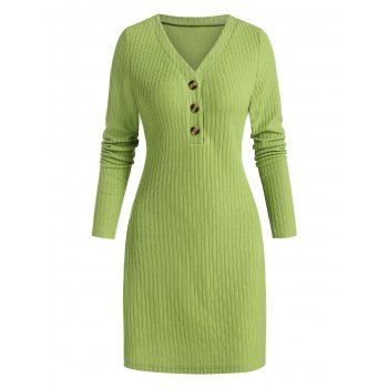 

Quarter Button Ribbed Sweater Dress, Pistachio green