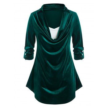 

Plus Size Velvet Cowl Front Roll Up Sleeve Tee, Deep green