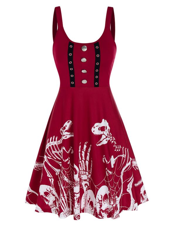 Robe Gothique Squelette Imprimée avec Bouton - Rouge Vineux 3XL