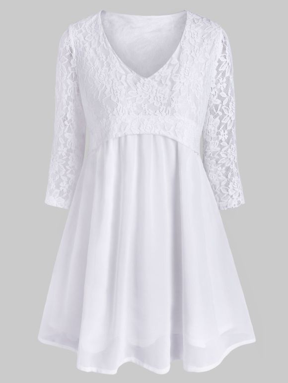 Blouse en Dentelle Insérée Grande Taille - Blanc 5X