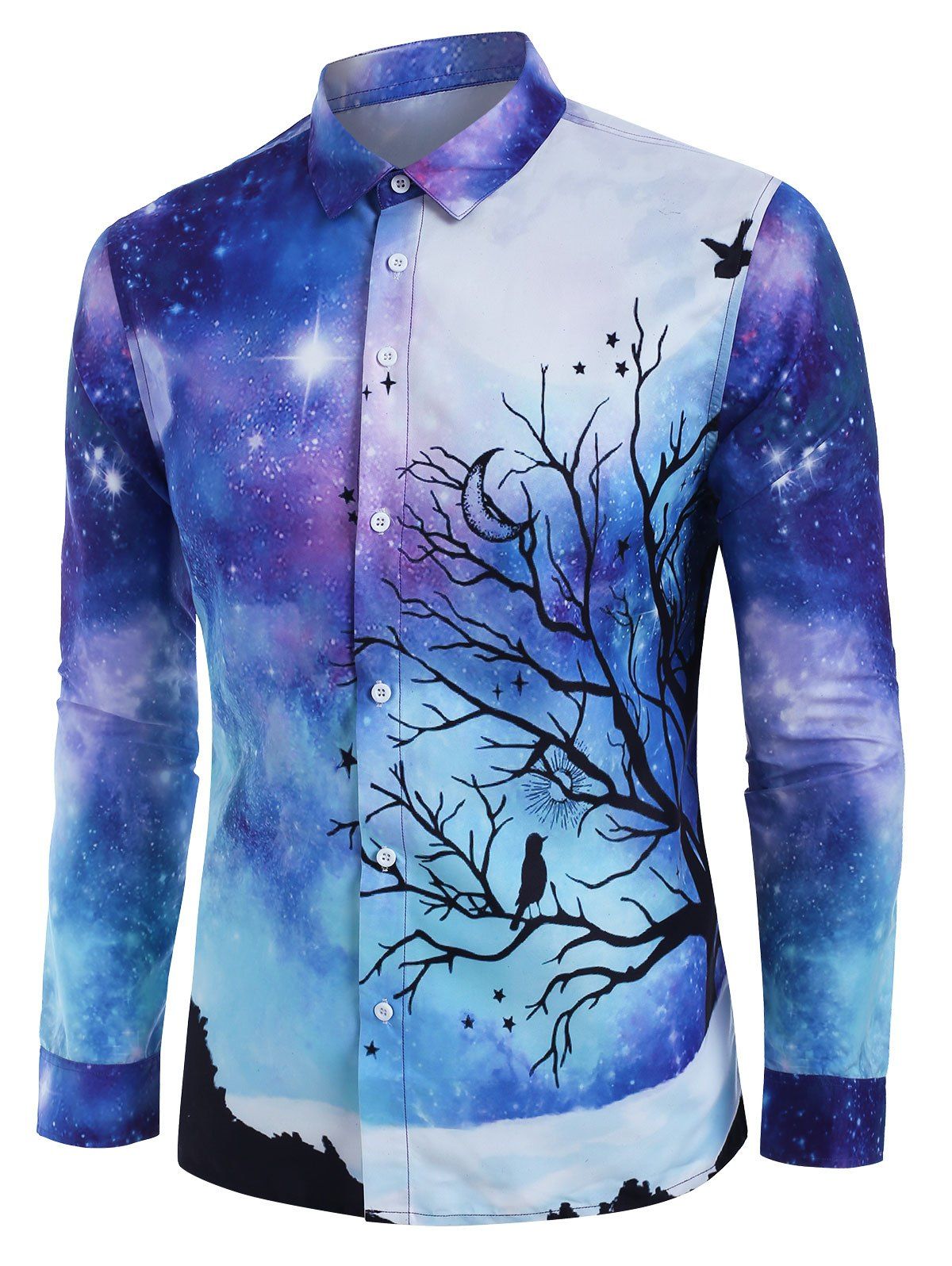 Galaxy Tree  Print Long Sleeve Shirt - BLUE S