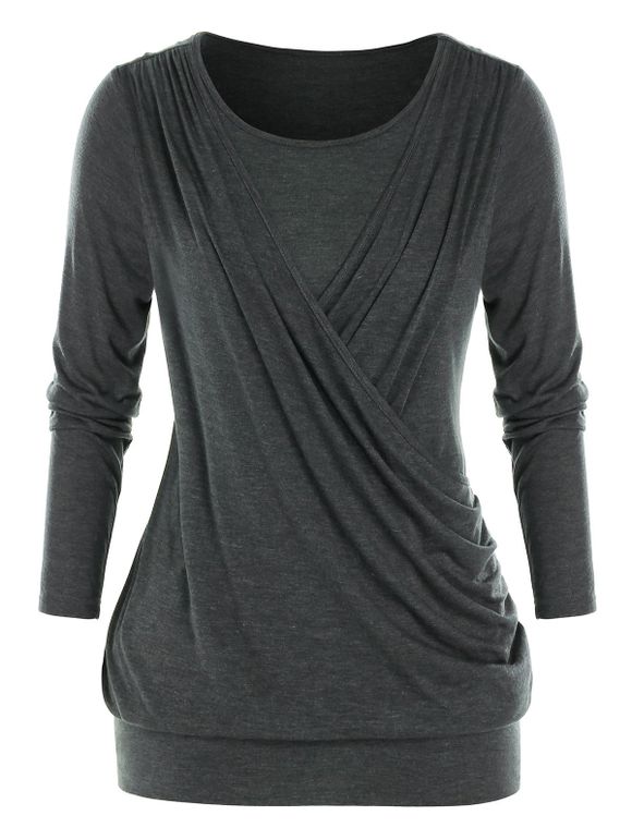 T-shirt Superposé Croisé à Manches Longues de Grande Taille - Cendre gris 5X