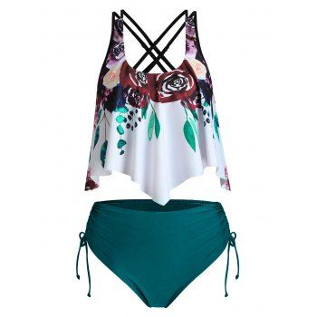 

Flower Print Crisscross Cinched Tankini Swimwear, Deep green