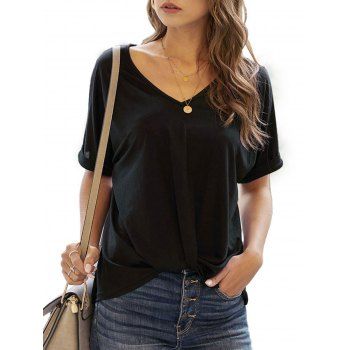 

Twisted Hem Rolled Cuff V Neck T-shirt, Black