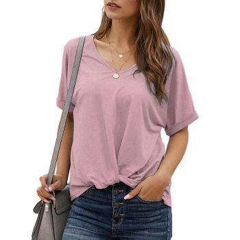 

Twisted Hem Rolled Cuff V Neck T-shirt, Light pink