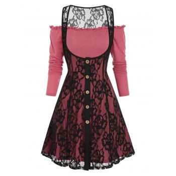 

Exposed Shoulder Overlay Lace Two Piece A Line Dress, Cherry red