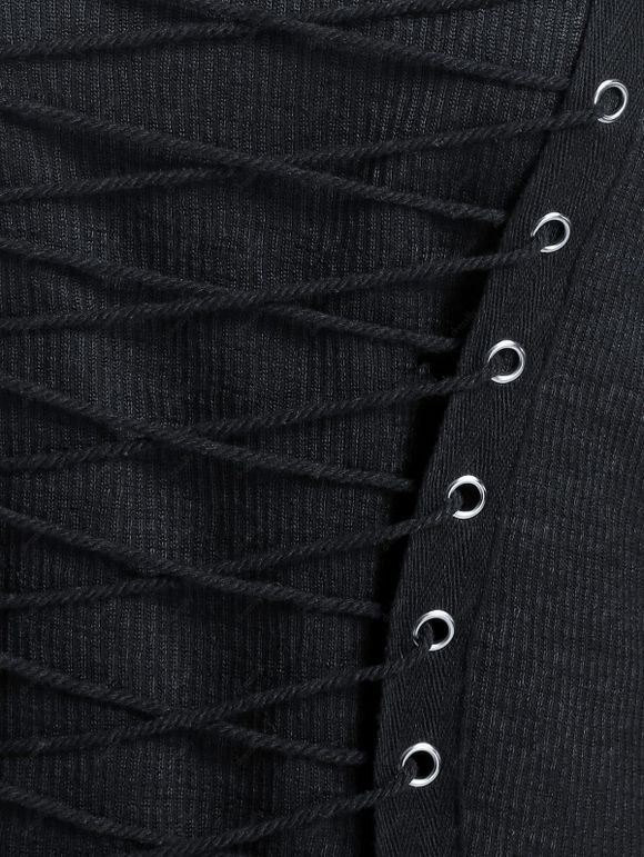 T-shirt Côtelé Croisé en Avant à Epaule Dénudée à Lacets - Noir M