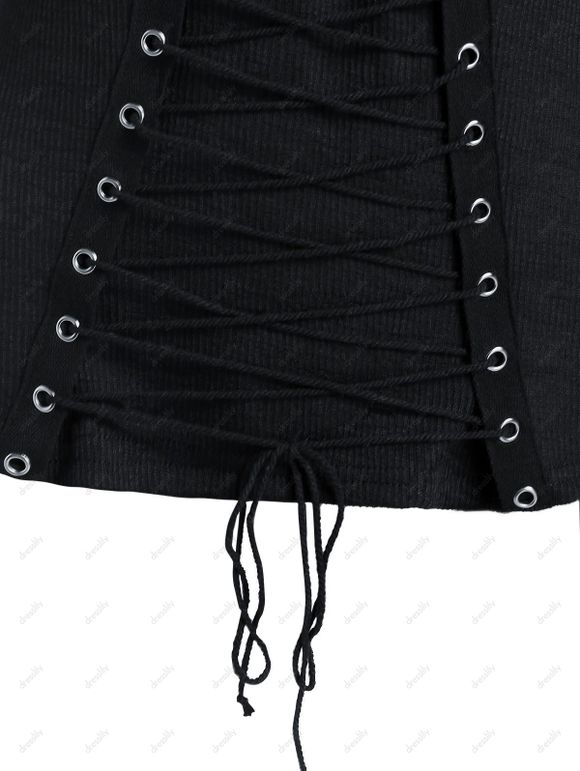 T-shirt Côtelé Croisé en Avant à Epaule Dénudée à Lacets - Noir M