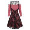 Exposed Shoulder Overlay Lace Two Piece A Line Dress - CHERRY RED XL