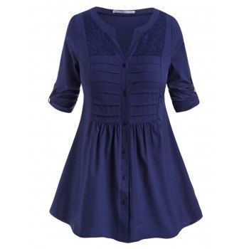 

Button Up Pintuck Tab Sleeve Plus Size Blouse, Deep blue