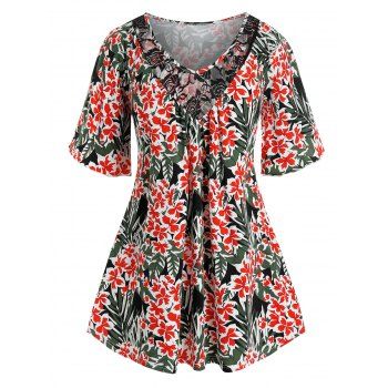 

Plus Size Lace Insert Flower Print Short Sleeve Tee, Black