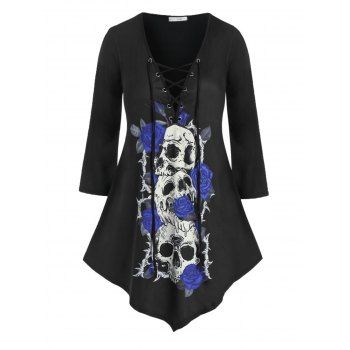 

Plus Size Halloween Skull Rose Print Lace Up T Shirt, Black