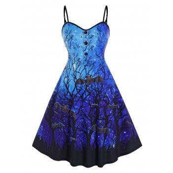 

Plus Size Galaxy Night Halloween Bat Print A Line Dress, Blue
