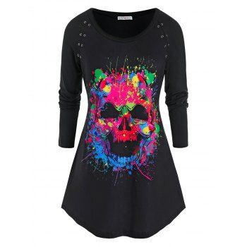 

Plus Size Splatter Paint Skull Long Sleeve Tunic Tee, Black